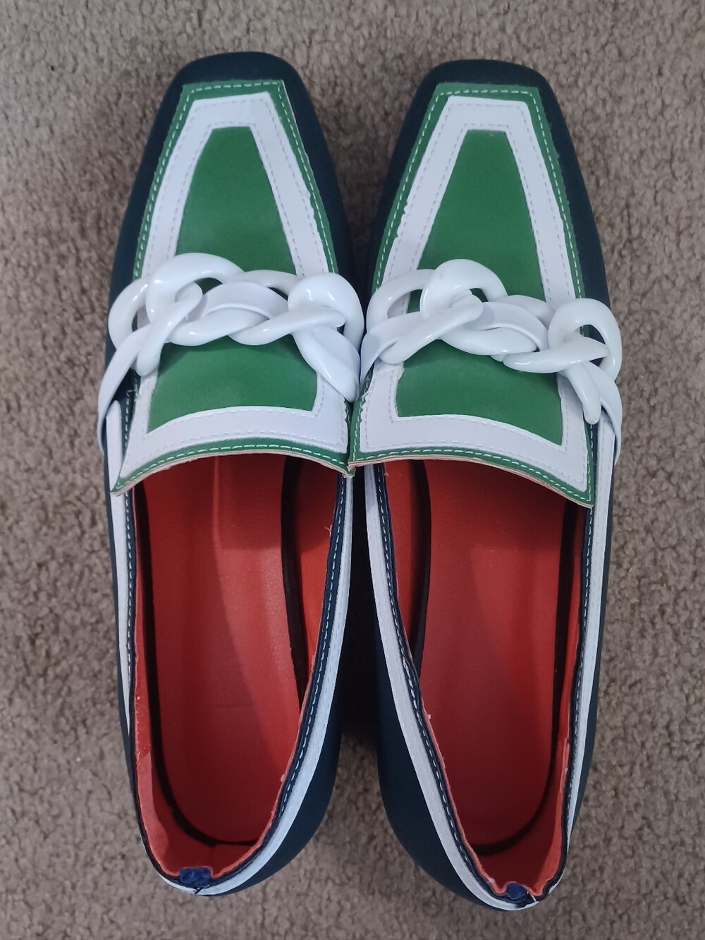 Green and White Chain-Accent Loafers